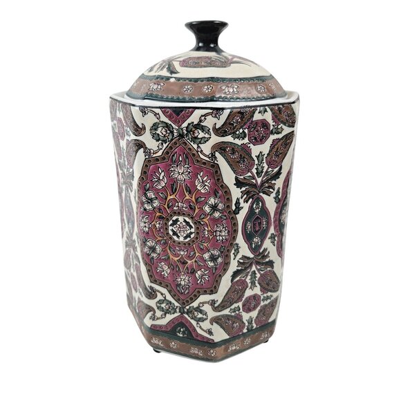 Hexagon Ceramic Canister Jar Floral Paisley Multicolor Lidded Kitchen Decor - Picture 3 of 10